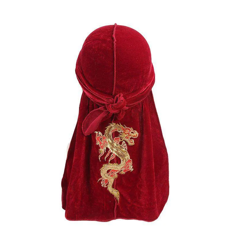 Men's Dragon Embroidered Velvet Du Rag