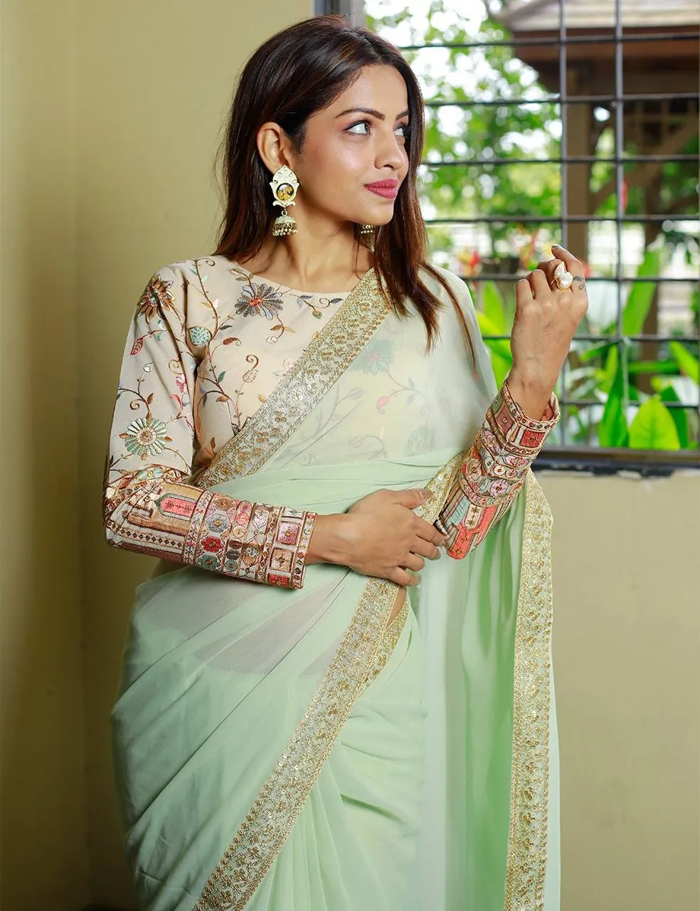 Mint Georgette Embroidery Saree