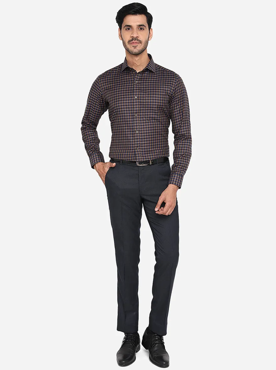 Navy Blue & Beige Checked Slim Fit Formal Shirt | Greenfibre