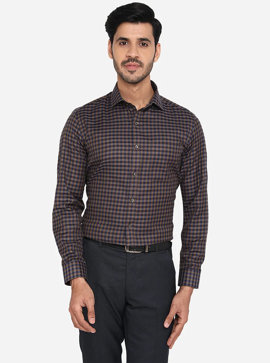 Navy Blue & Beige Checked Slim Fit Formal Shirt | Greenfibre