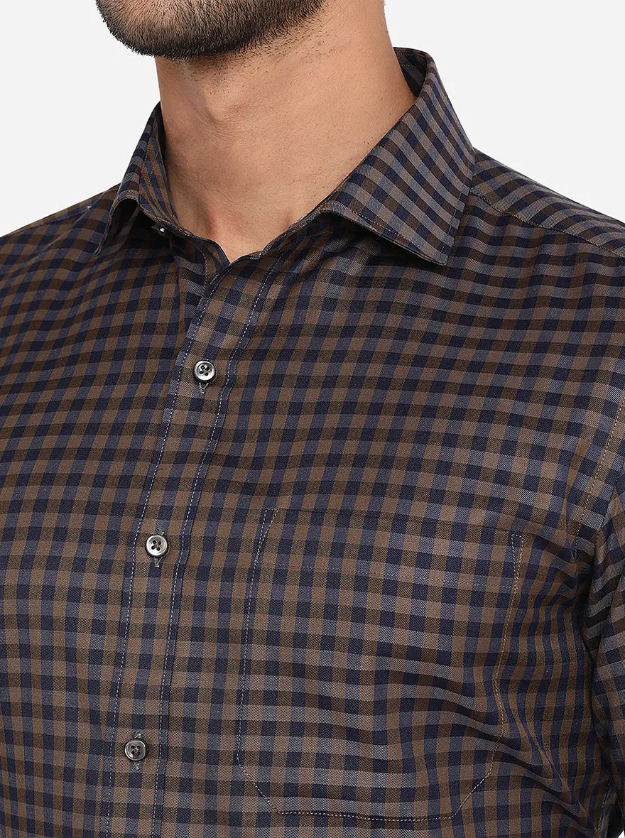 Navy Blue & Beige Checked Slim Fit Formal Shirt | Greenfibre