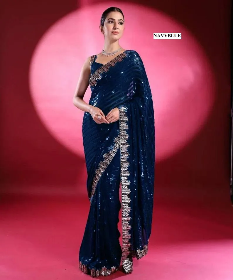 Navy Blue Georgette Embroidery Sequins Saree