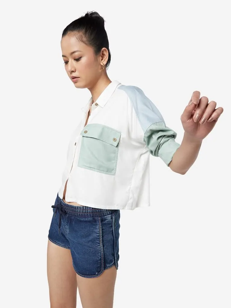 Nuon White Colour-Blocked Crop Casual Shirt