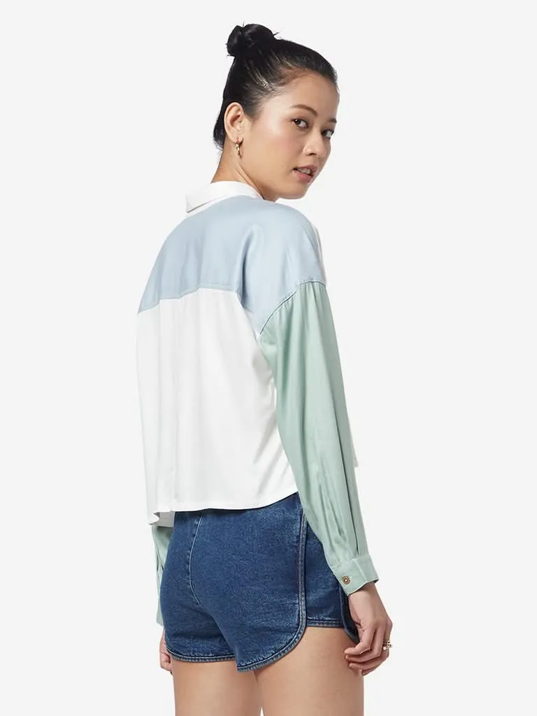 Nuon White Colour-Blocked Crop Casual Shirt