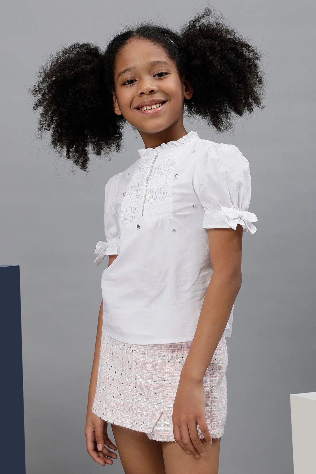 One Friday Kids Girls 100% Cotton White Short Sleeve Top With Pin Tucks & Frills