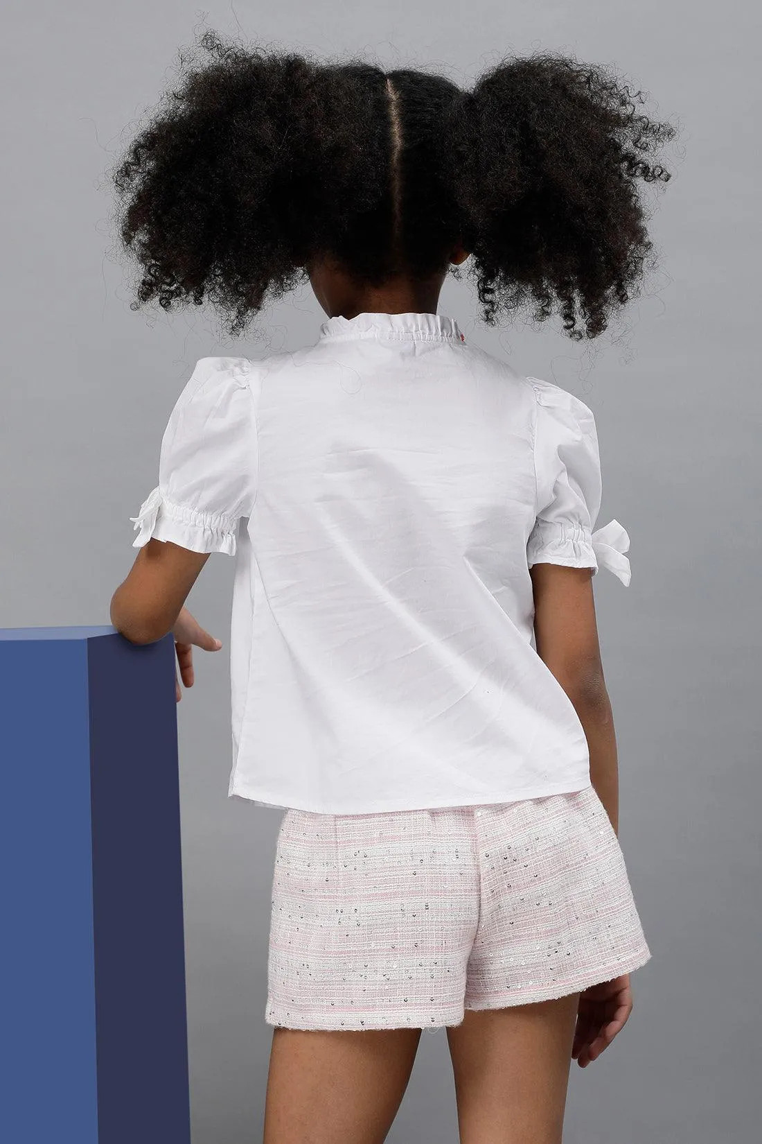 One Friday Kids Girls 100% Cotton White Short Sleeve Top With Pin Tucks & Frills