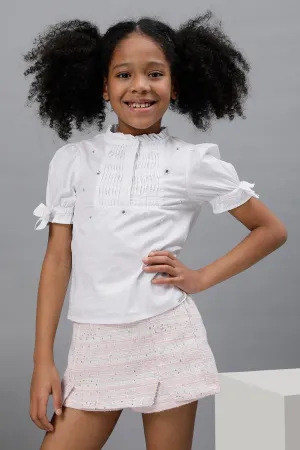 One Friday Kids Girls 100% Cotton White Short Sleeve Top With Pin Tucks & Frills