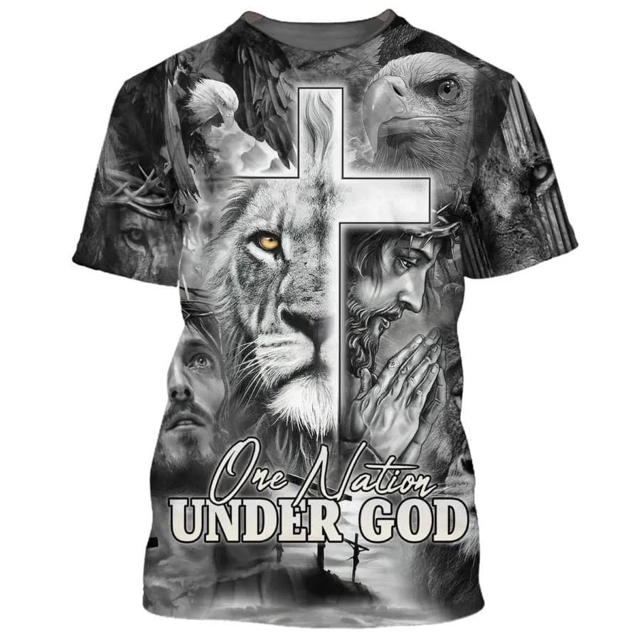 One Nation Under God Shirts - Jesus Prayer Lion And Eagle 3D All Over Printed Shirt for Men and Women