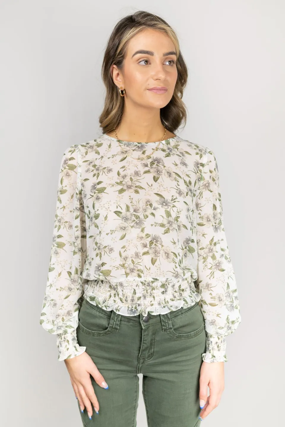 Pure Garden Ivory Puff Sleeve Shirred Blouse