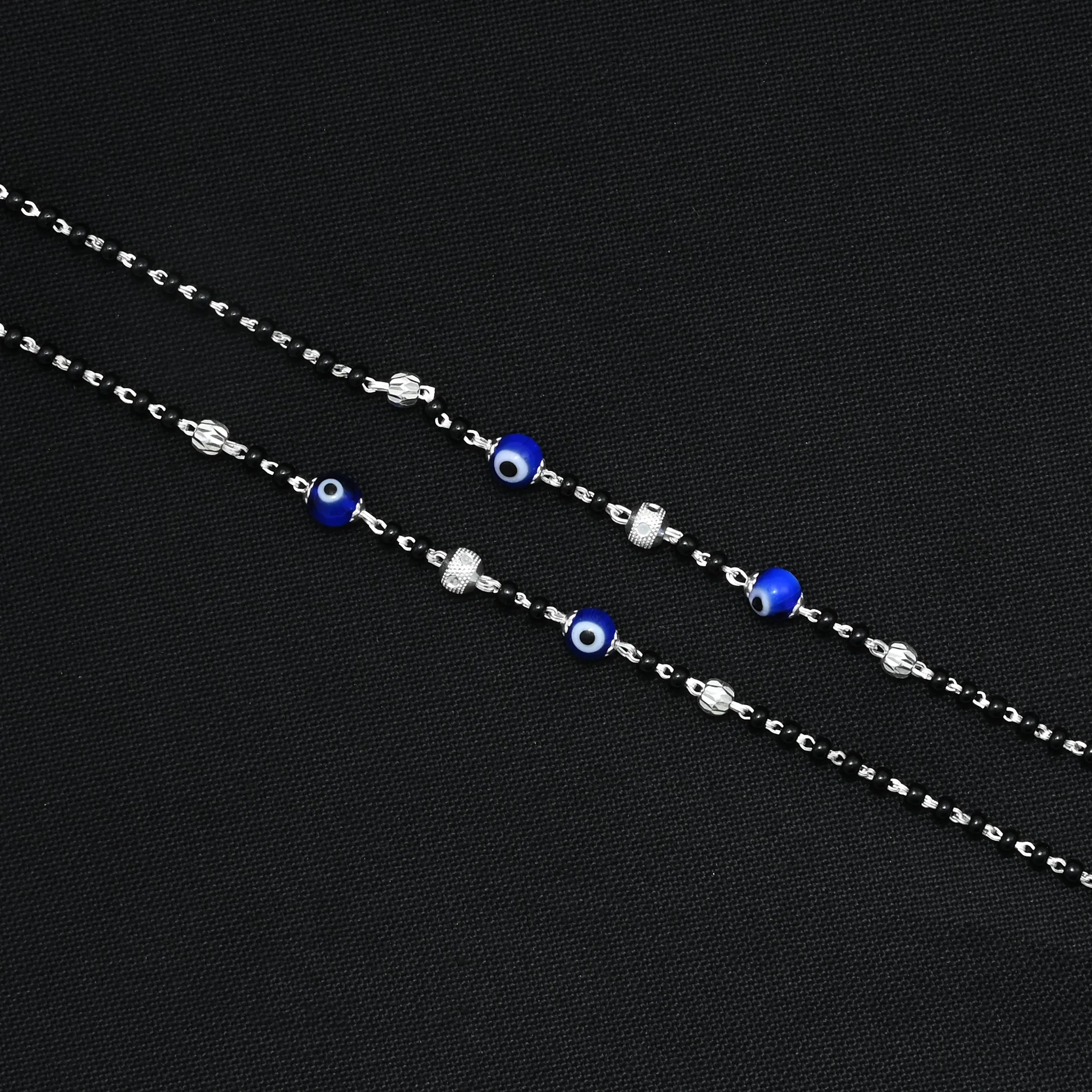 Silver Blue Evileye Black Beads Anklet