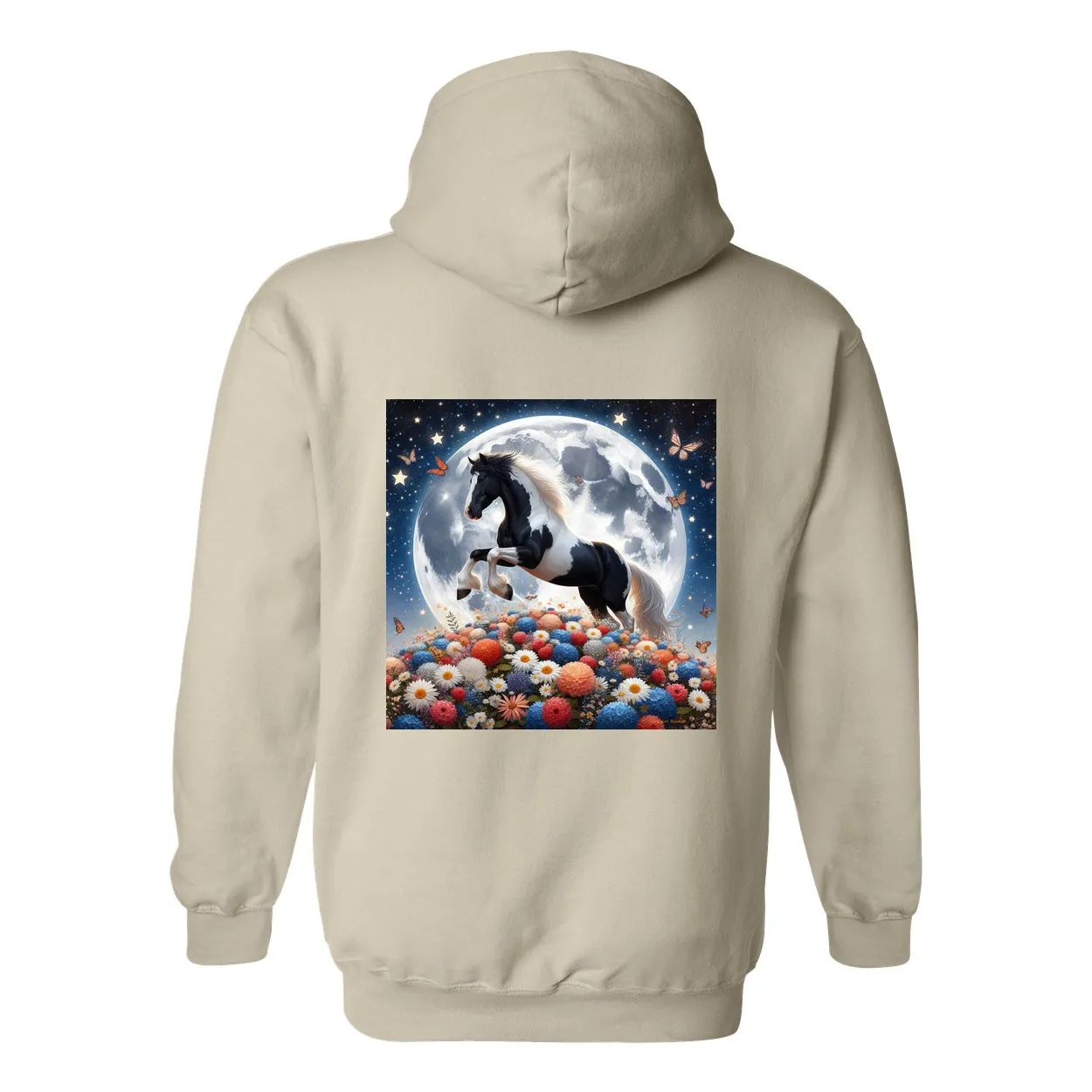 Spring Moon Horse Design on Back Front Pocket Hoodies