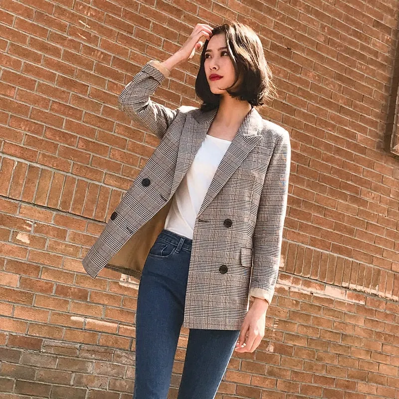 VenusFox Vintage Plaid Blazer Jackets with Pockets