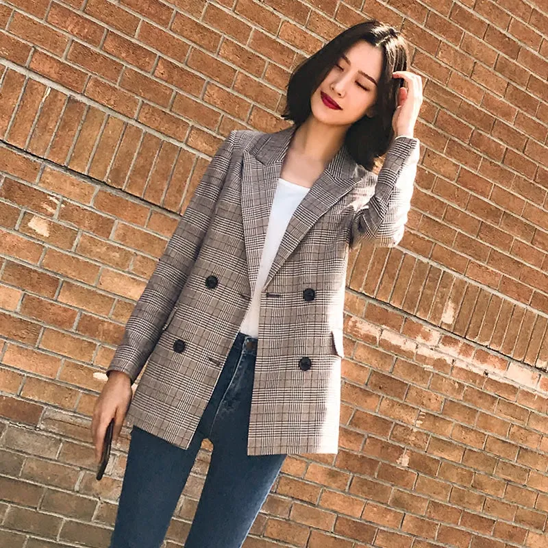 VenusFox Vintage Plaid Blazer Jackets with Pockets