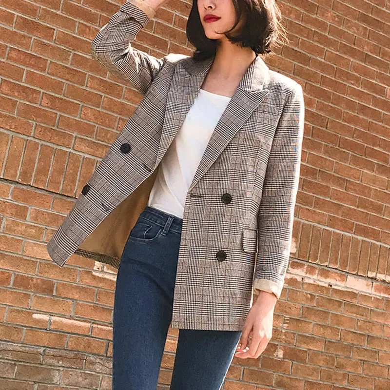 VenusFox Vintage Plaid Blazer Jackets with Pockets