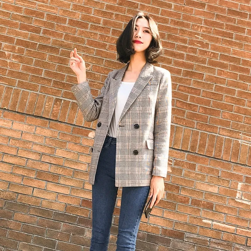 VenusFox Vintage Plaid Blazer Jackets with Pockets