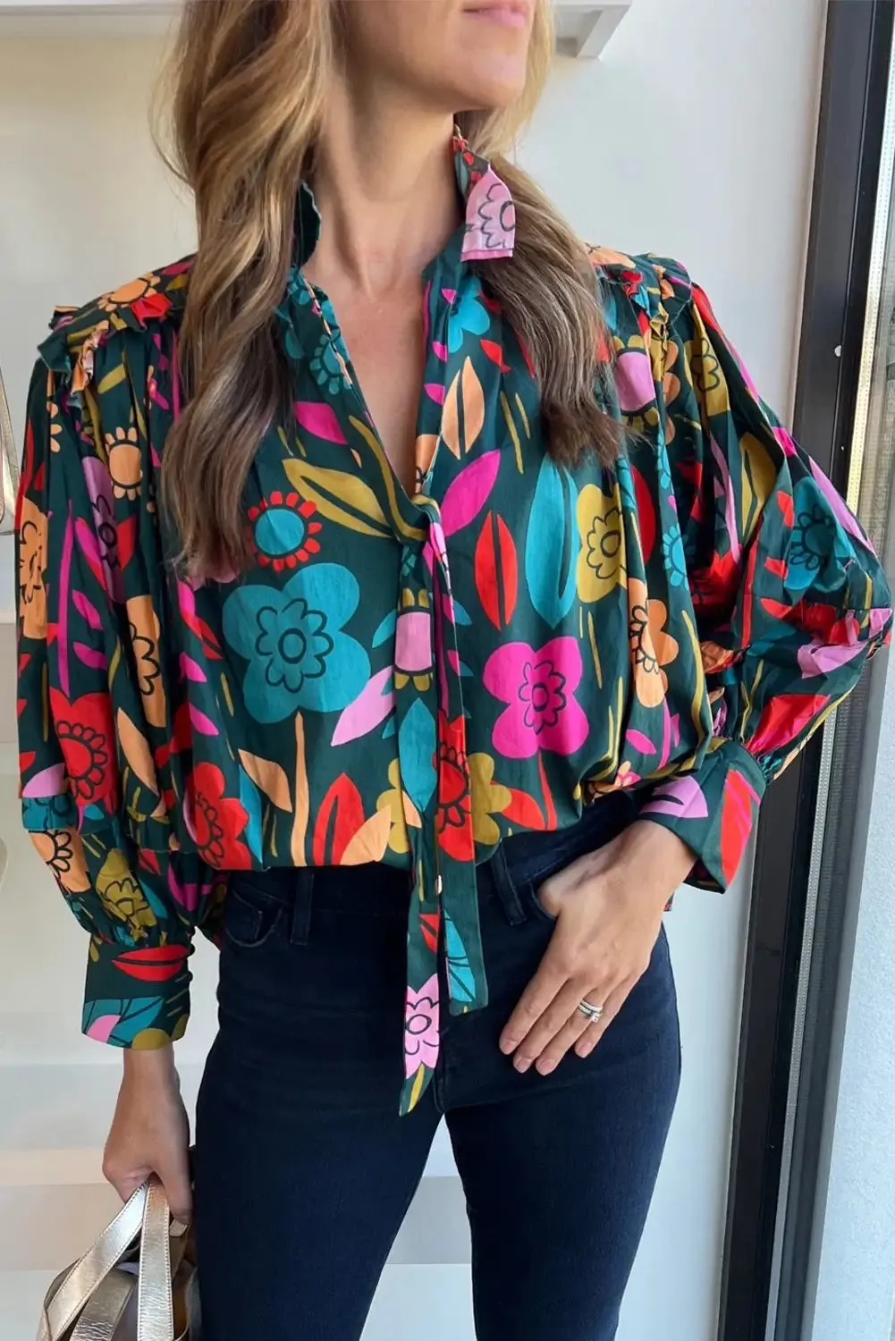 Vibrant Green Floral Puff Sleeve Blouse