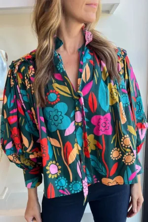 Vibrant Green Floral Puff Sleeve Blouse