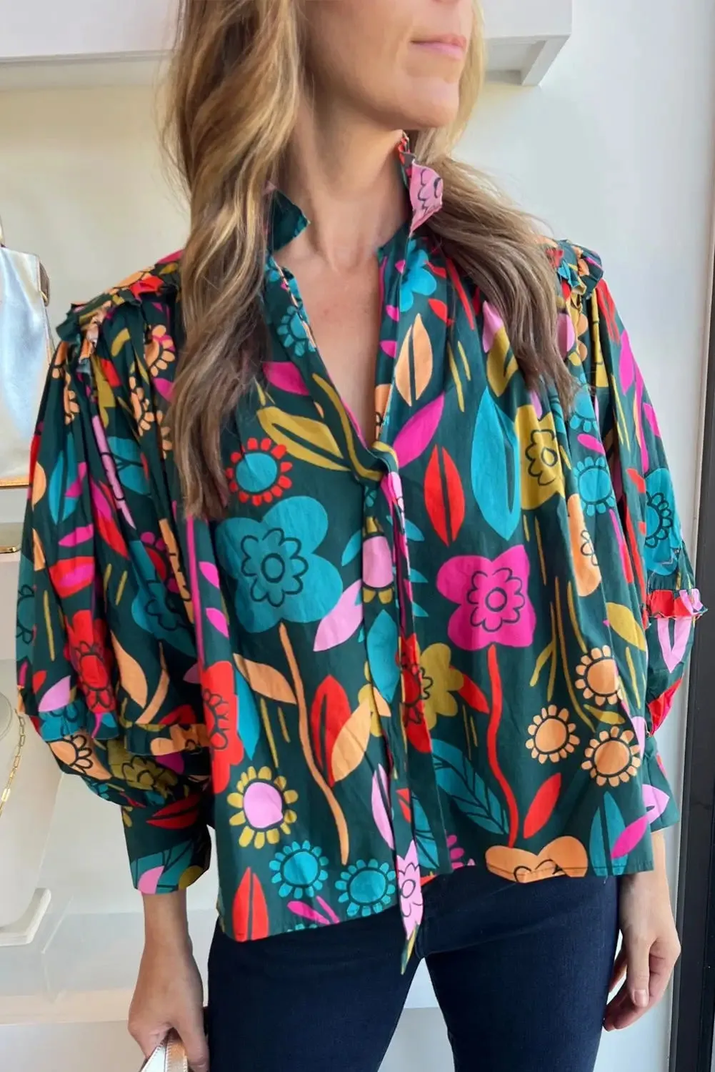 Vibrant Green Floral Puff Sleeve Blouse