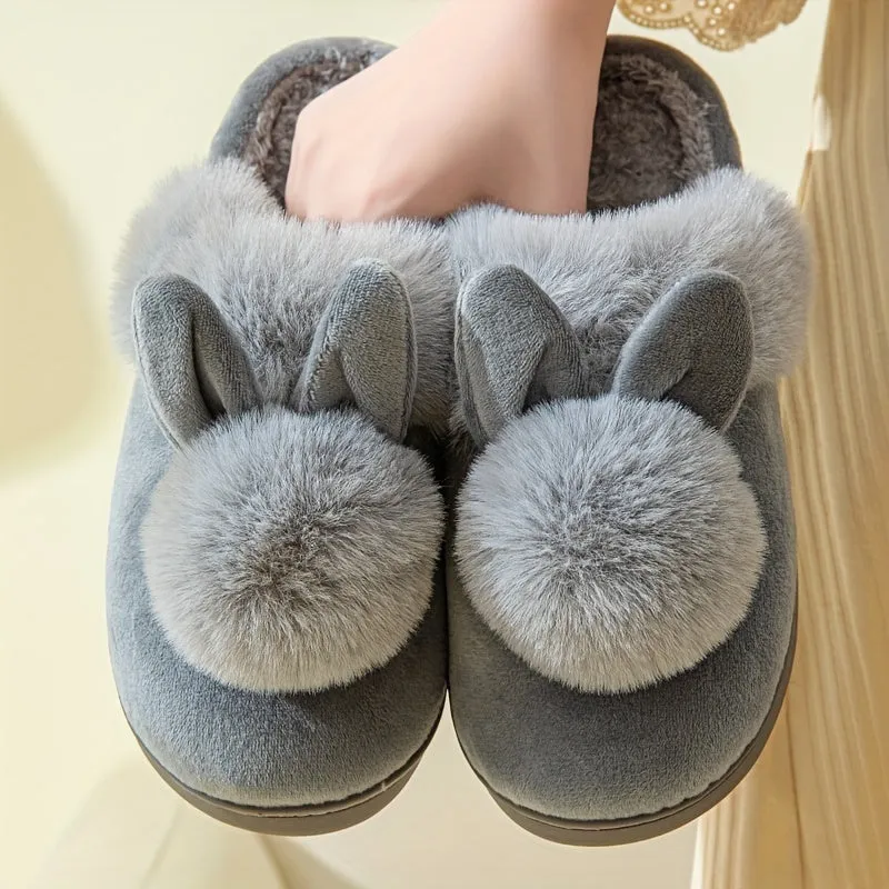 Warm Plush Rabbit Cartoon Slippers - Fabric Upper & Lining, PVC Sole, Hand Washable Cozy House Shoes