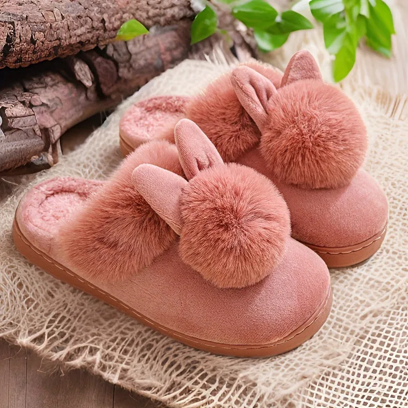 Warm Plush Rabbit Cartoon Slippers - Fabric Upper & Lining, PVC Sole, Hand Washable Cozy House Shoes