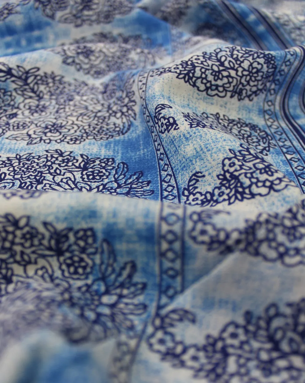 White And Blue Floral Print Rayon Fabric