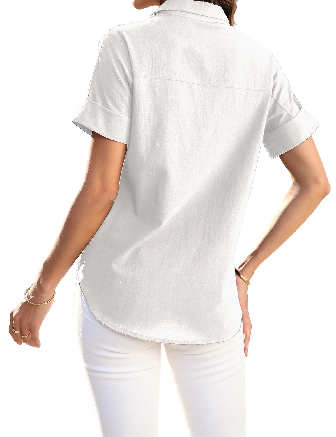 White Short Cuffed Sleeves Pockets Button-Up Top