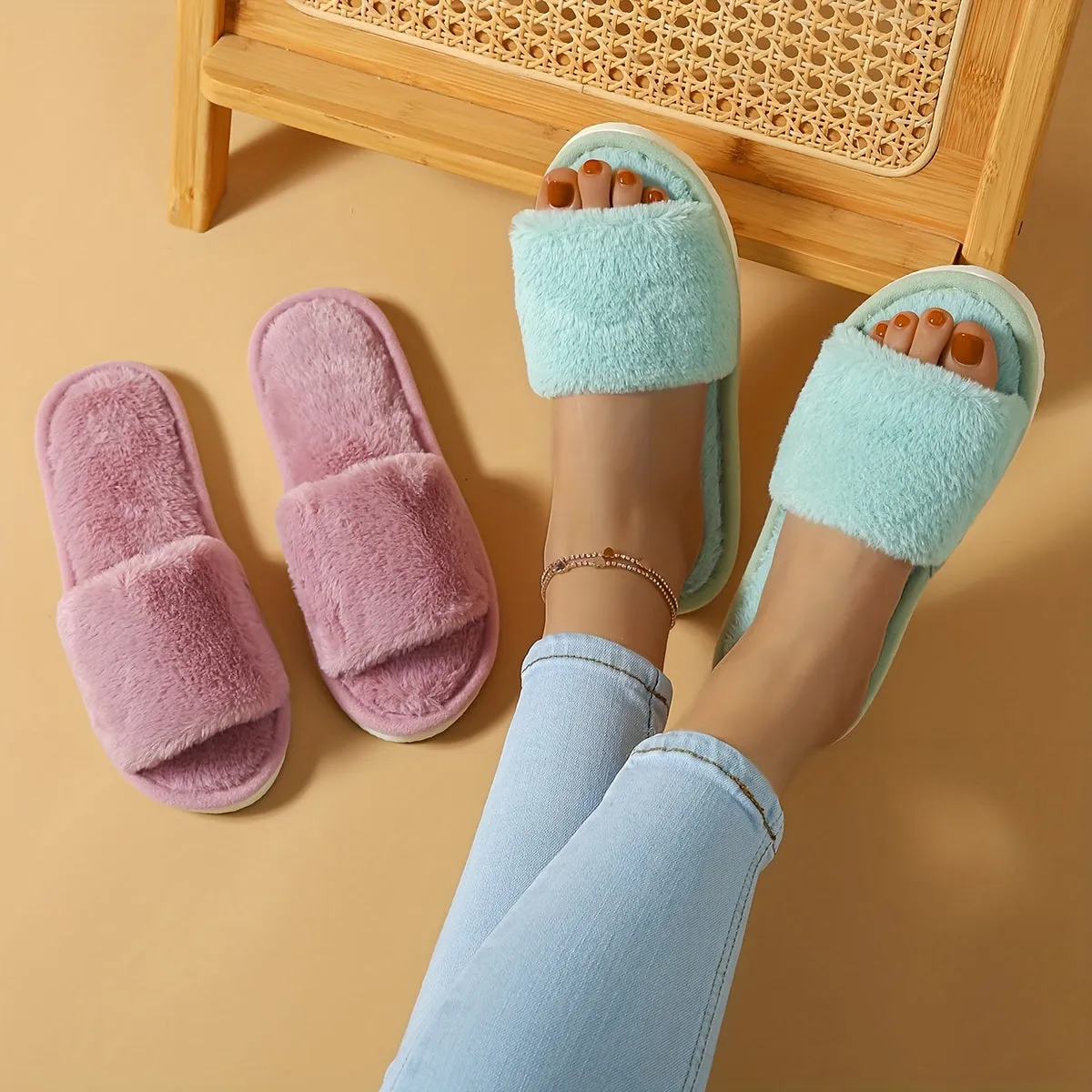 Winter Plush Open Toe Slippers, Solid Color Cozy & Warm Slip On Shoes, Comfy Indoor Floor Slippers