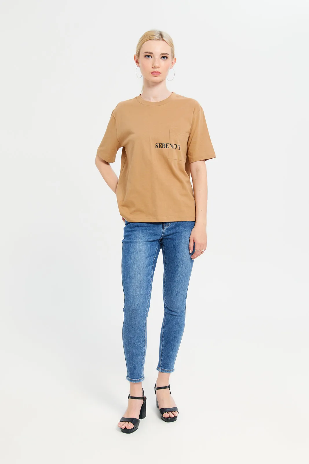 Women Brown Boxy Printed T-Shirt