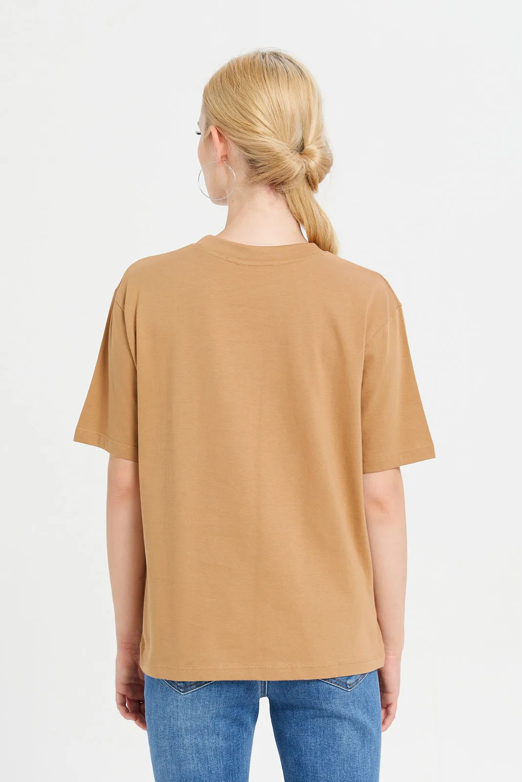 Women Brown Boxy Printed T-Shirt