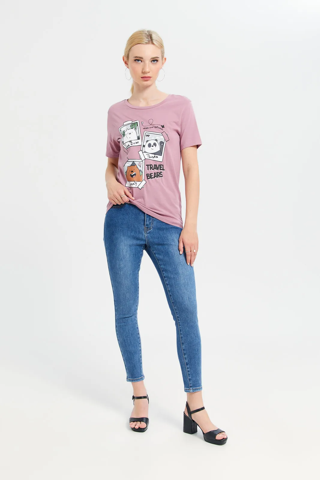 Women Mauve We Bare Bears Printed T-Shirt