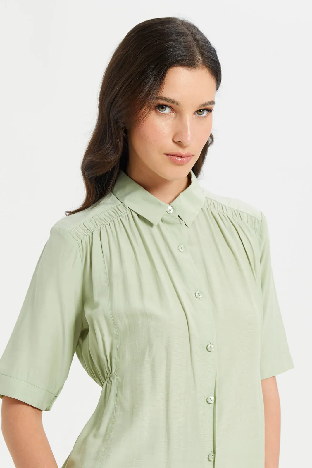 Women Mint Waist Pleated Detailed Shirt