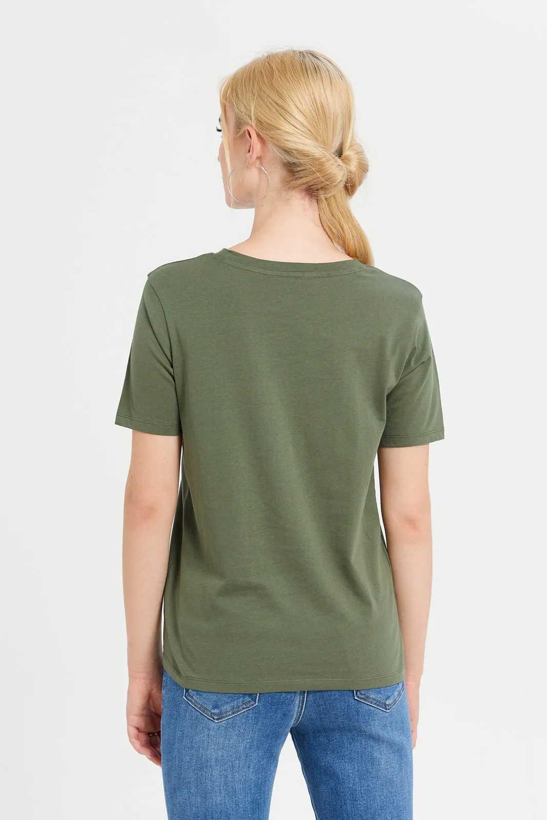 Women Olive Embellished T-Shirt