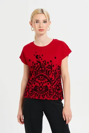 Women Red Embroidered T-Shirt