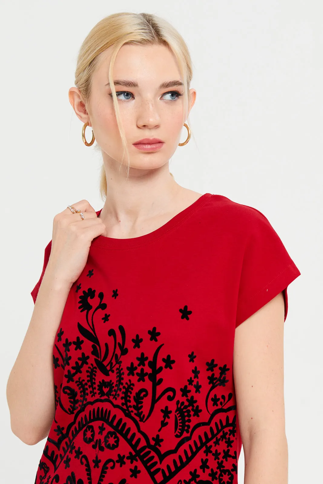 Women Red Embroidered T-Shirt