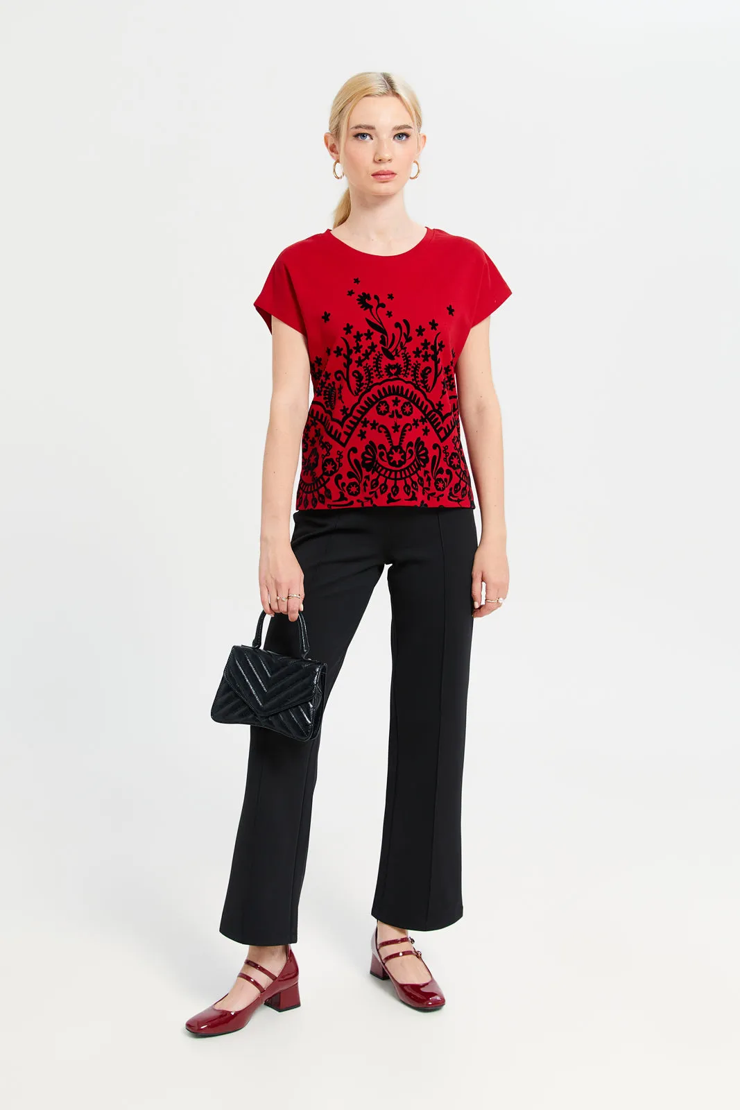 Women Red Embroidered T-Shirt