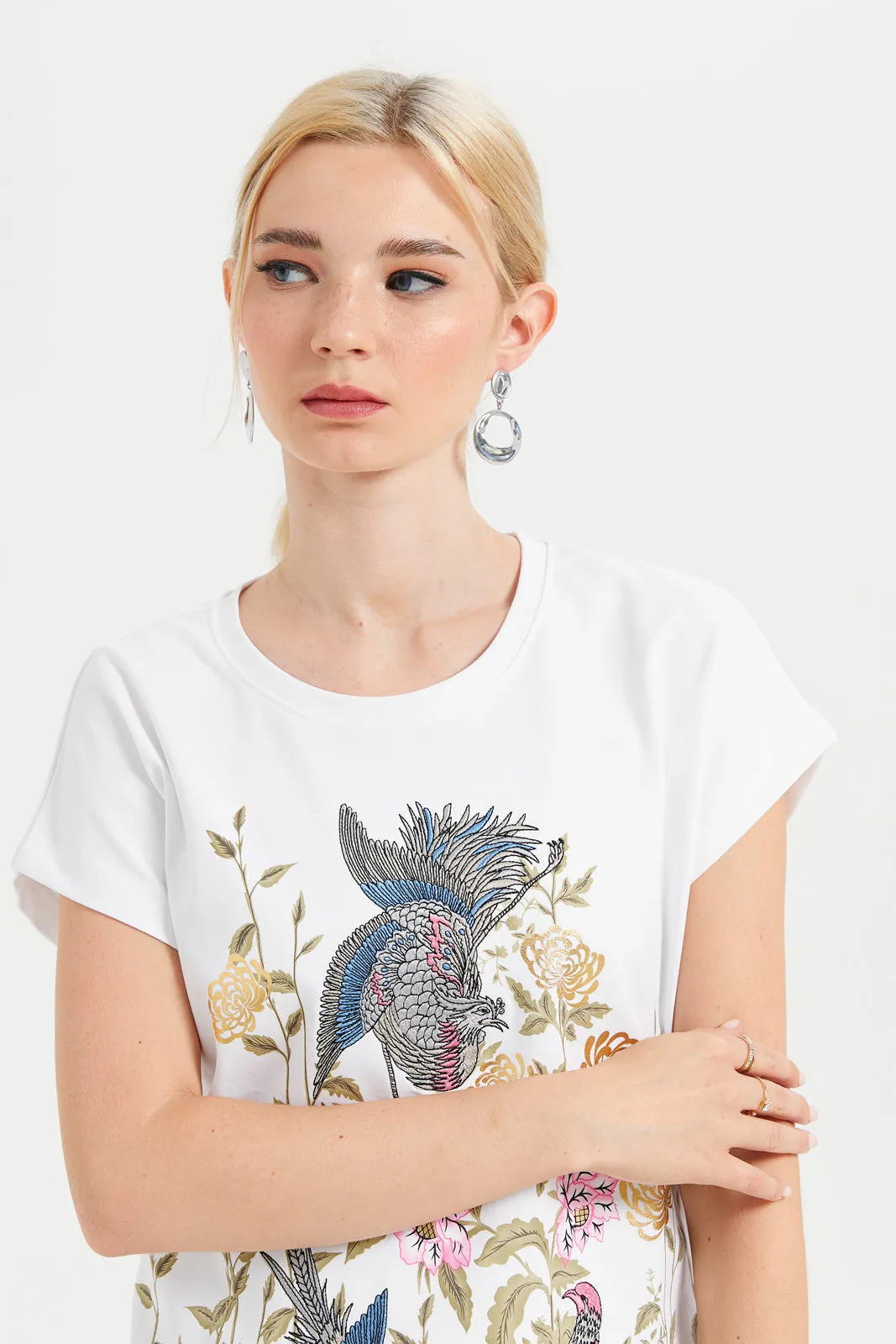 Women White Embellished T-Shirt