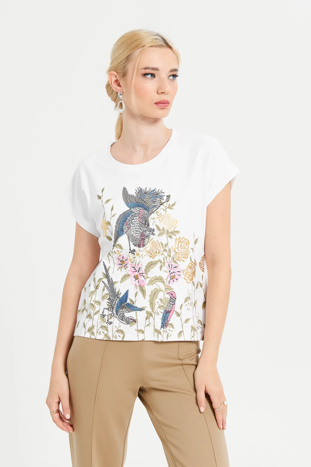 Women White Embellished T-Shirt